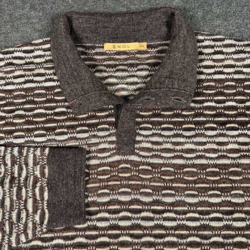 SOL Sweater Mens XXL Brown Geometric Knit Baby Alpaca Collared Pullover Stretch